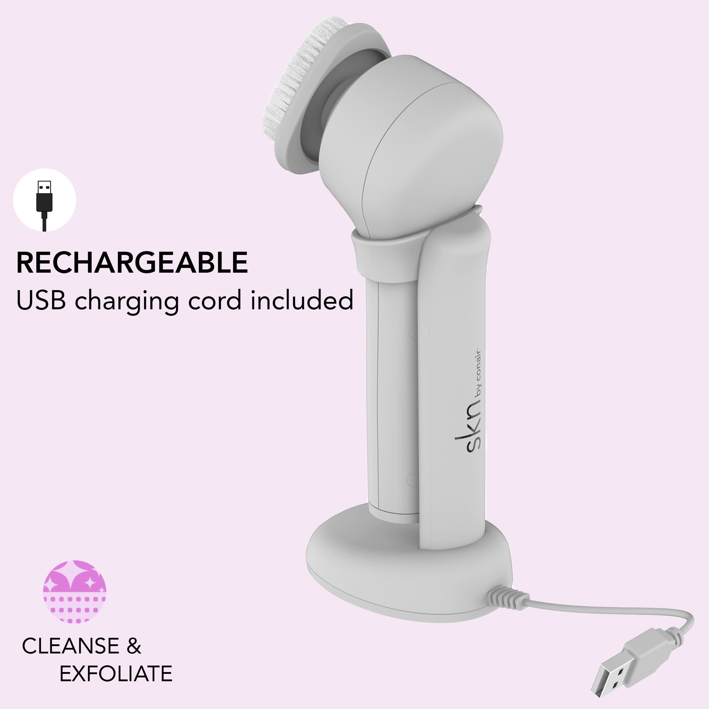 SKN by Conair Daily Glow Sonic Facial Brush, All-in-One Facial Brush Includes 3 Interchangeable Attachments for Complete Cleansing, Exfoliation, and Rejuvenation